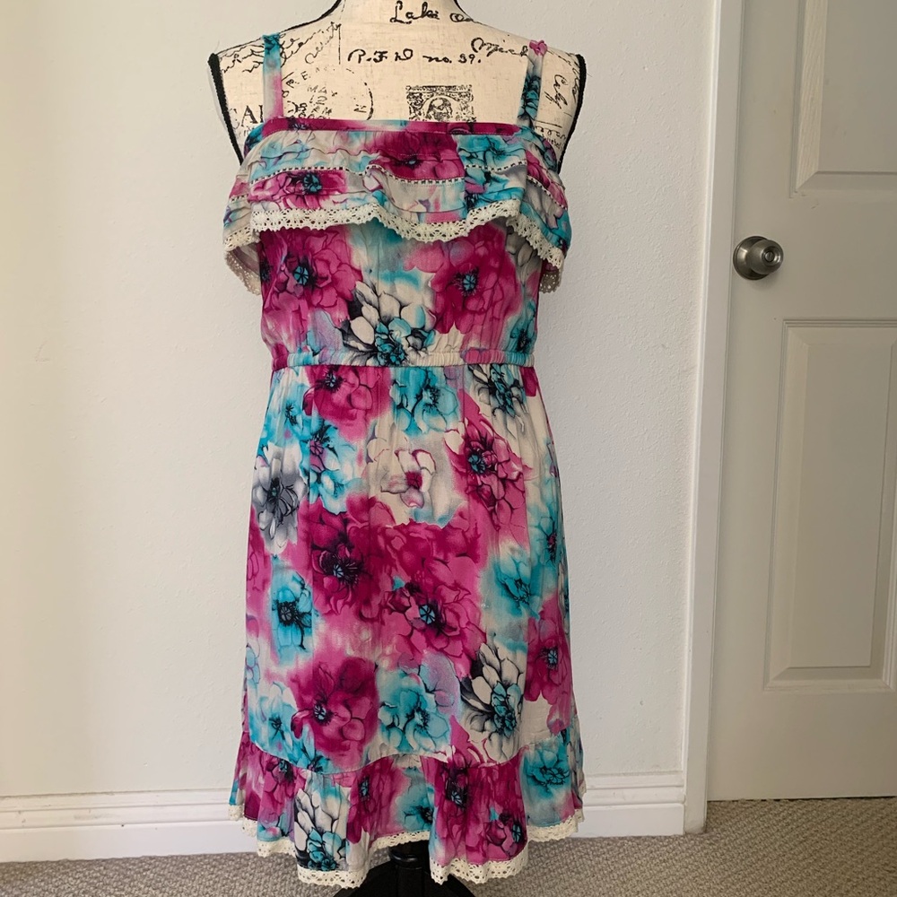 🆕 Pink Blue Floral Ruffle Tie Dye Mini Strap Summer Dress